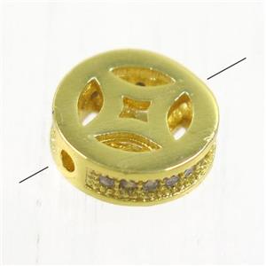 copper bead paved zircon, rondelle, gold plated, approx 9.5mm dia