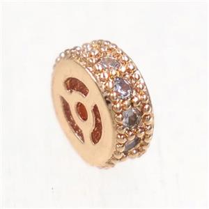 copper wheel beads paved zircon, rondelle, rose gold, approx 7.5mm dia
