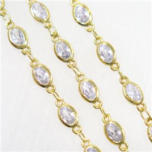 copper chain paved zircon, oval, gold plated, approx 4.5x5.5mm