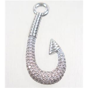 copper fishhook pendant paved zircon, platinum plated, approx 16-30mm