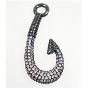 copper fishhook pendant paved zircon, black plated, approx 16-30mm