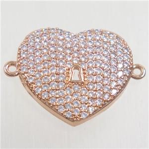 copper heart connector paved zircon, rose gold, approx 16-18mm