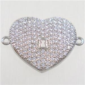 copper heart connector paved zircon, platinum plated, approx 16-18mm
