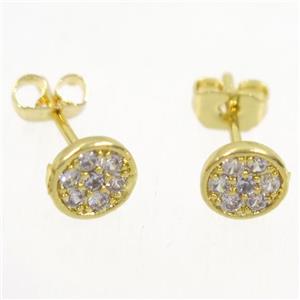 copper earring studs paved zircon, circle, gold plated, approx 6mm dia