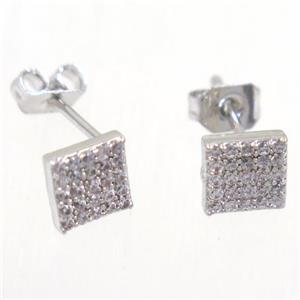 copper earring studs paved zircon, square, platinum plated, approx 6x6mm