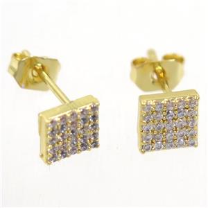 copper earring studs paved zircon, square, gold plated, approx 6x6mm