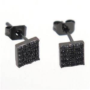 copper earring studs paved zircon, square, black plated, approx 6x6mm
