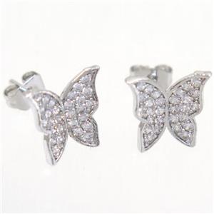 copper butterfly earring studs paved zircon, platinum plated, approx 8.5-10mm