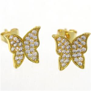 copper butterfly earring studs paved zircon, gold plated, approx 8.5-10mm