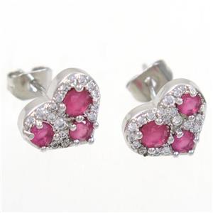copper heart earring studs paved zircon, platinum plated, approx 8-10mm