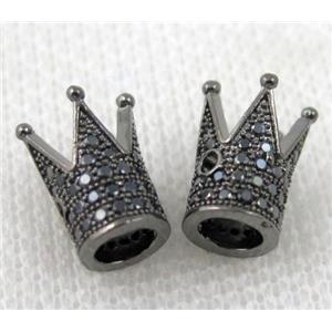 copper crown beads paved zircon, black plated, approx 9x11mm