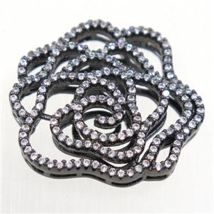 copper flower connector paved zircon, black plated, approx 35-38mm