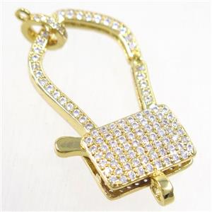 copper lock Clasp paved zircon, gold plated, approx 18-33mm