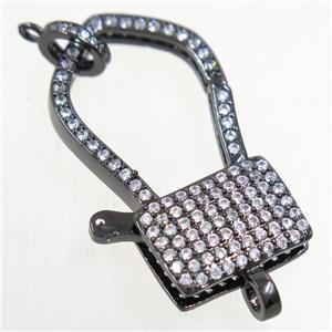 copper lock Clasp paved zircon, black plated, approx 18-33mm