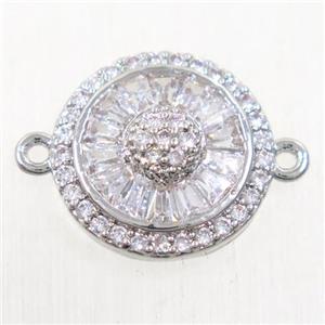 copper sunflower connector paved zircon, platinum plated, approx 13mm dia