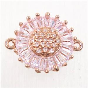 copper sunflower connector paved zircon, rose gold, approx 14mm dia