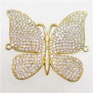 copper butterfly connector paved zircon, gold plated, approx 28-30mm