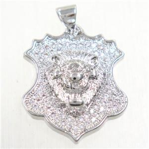 copper leo pendants paved zircon, platinum plated, approx 18-21mm