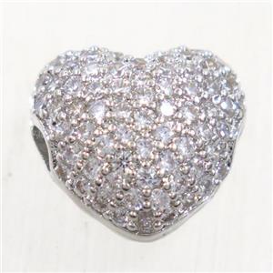 copper heart beads paved zircon, platinum plated, approx 11-12mm