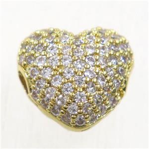 copper heart beads paved zircon, gold plated, approx 11-12mm