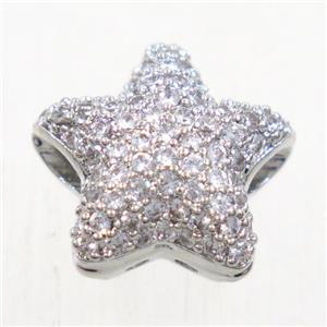 copper star beads paved zircon, platinum plated, approx 12.5mm dia