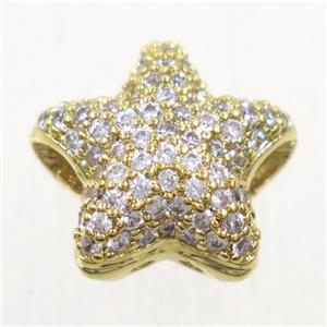 copper star beads paved zircon, gold plated, approx 12.5mm dia