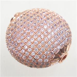 copper beads paved zircon, flat round, rose gold, approx 25mm dia