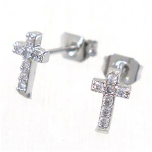 copper cross earring studs paved zircon, platinum plated, approx 5-8mm