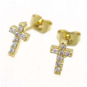 copper cross earring studs paved zircon, gold plated, approx 5-8mm