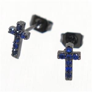 copper cross earring studs paved zircon, black plated, approx 5-8mm