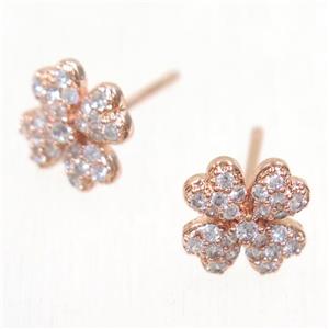copper clover earring studs paved zircon, rose gold, approx 9mm dia