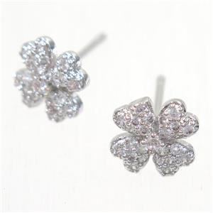 copper clover earring studs paved zircon, platinum plated, approx 9mm dia