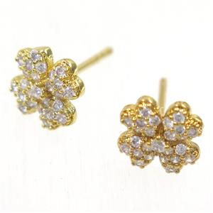 copper clover earring studs paved zircon, gold plated, approx 9mm dia