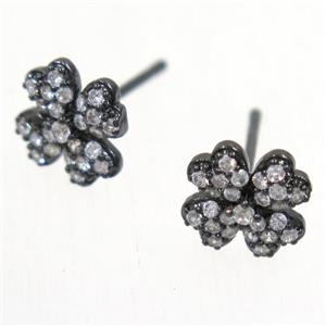 copper clover earring studs paved zircon, black plated, approx 9mm dia