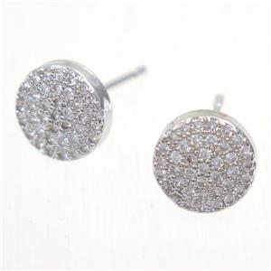 copper circle earring studs paved zircon, platinum plated, approx 9mm dia