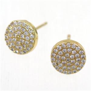 copper circle earring studs paved zircon, gold plated, approx 9mm dia
