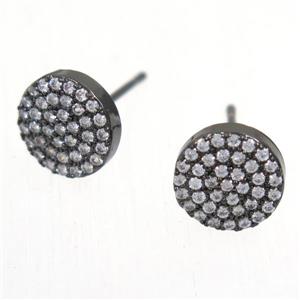 copper circle earring studs paved zircon, black plated, approx 9mm dia