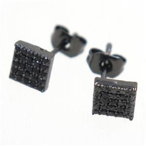 copper square earring studs paved zircon, black plated, approx 6x6mm