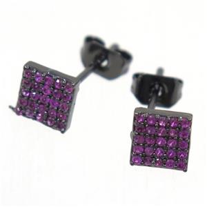 copper square earring studs paved hotpink zircon, black plated, approx 6x6mm