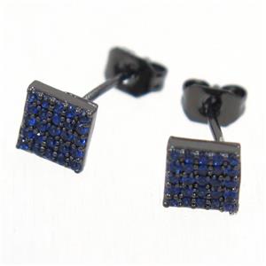 copper square earring studs paved blue zircon, black plated, approx 6x6mm