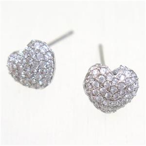 copper heart earring studs paved zircon, platinum plated, approx 7-9mm