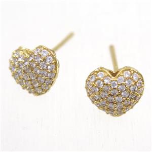 copper heart earring studs paved zircon, gold plated, approx 7-9mm