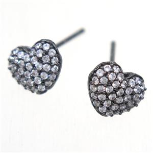 copper heart earring studs paved zircon, black plated, approx 7-9mm