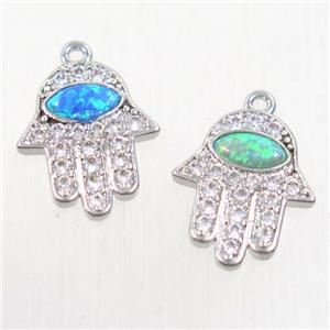 copper hamsahand pendants paved zircon with fire opal, mix, platinum plated, approx 11-13mm