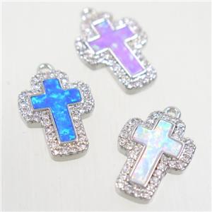 copper cross pendants paved zircon with fire opal, mix color, platinum plated, approx 10-14mm