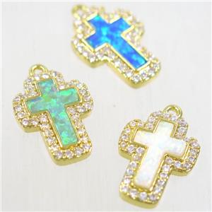 copper cross pendants paved zircon with fire opal, mix color, gold plated, approx 10-14mm