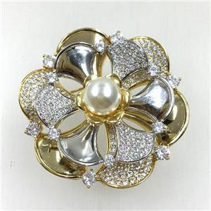 copper flower brooches pave zircon with pearl, revolvable, light gold, approx 50mm dia