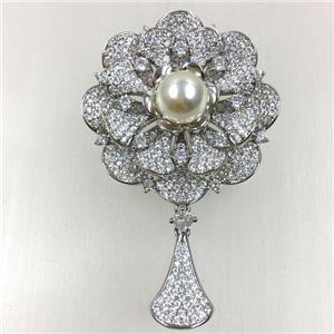 copper flower brooches pave zircon with pearl, revolvable, platinum plated, approx 45mm dia