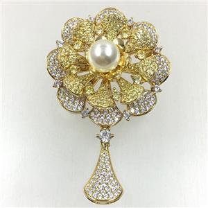 copper flower brooches pave zircon with pearl, revolvable, gold plated, approx 45mm dia