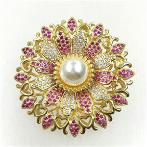 copper flower brooches pave zircon with pearl, revolvable, gold plated, approx 50mm dia